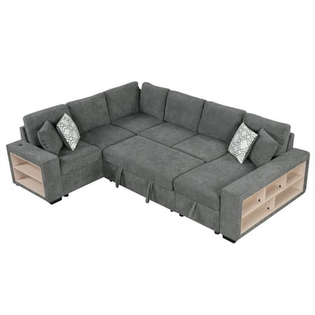 EUROCO 109" U-shaped Sectional Sofa Couch, Chenille Pull-out Sofa Bed with 2 USB Ports, a Storage Chaise Lounge, 4 Back Pillows and Wide Armrest with Storage Shelf for Living Room, Grey