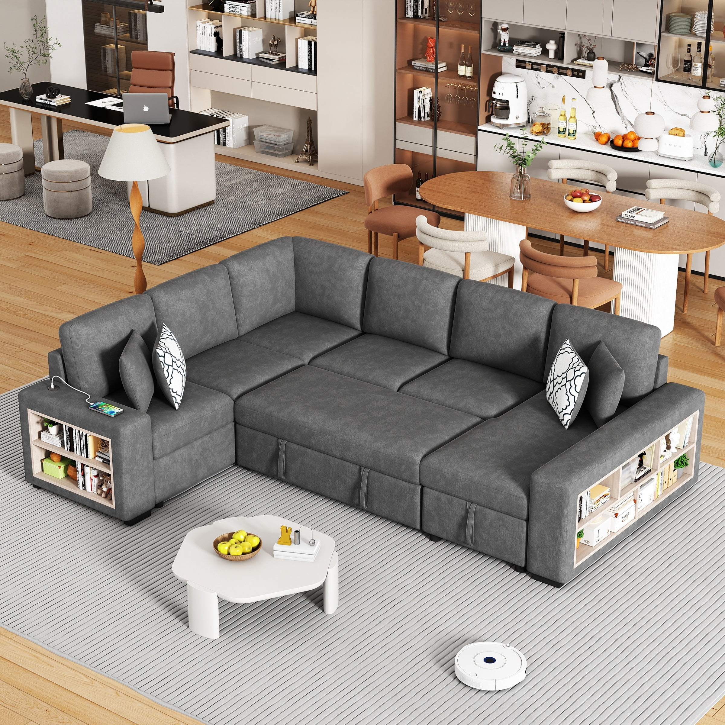 EUROCO 109" U-shaped Sectional Sofa Couch, Chenille Pull-out Sofa Bed with 2 USB Ports, a Storage Chaise Lounge, 4 Back Pillows and Wide Armrest with Storage Shelf for Living Room, Grey