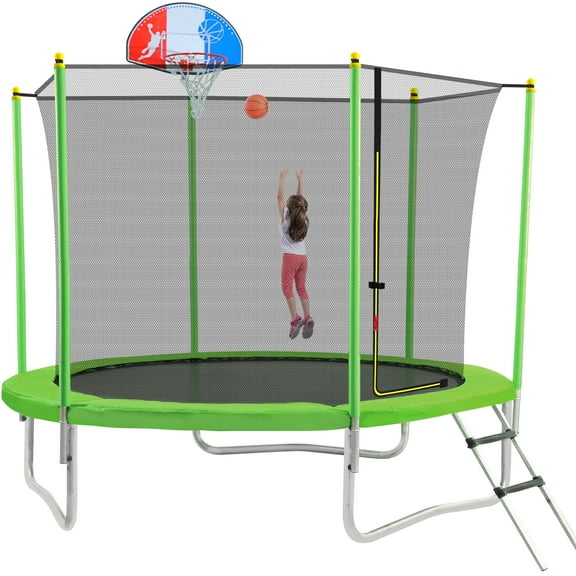 EUROCO 10FT Trampoline for Kids with Basketball Hoop, Outdoor Round Trampoline with Enclosure Net