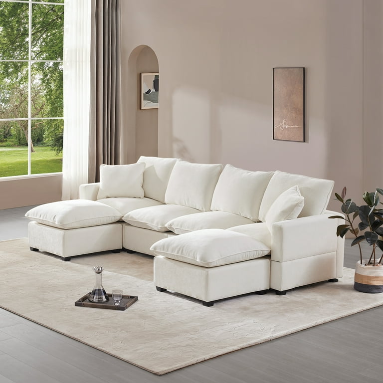 Euroco 110 inch Modern U Shape Modular Chenille Sofa Couch Convertible Sofa with 2 Pillows Sectional 6 Seat Couch Combinable Indoor Funiture for