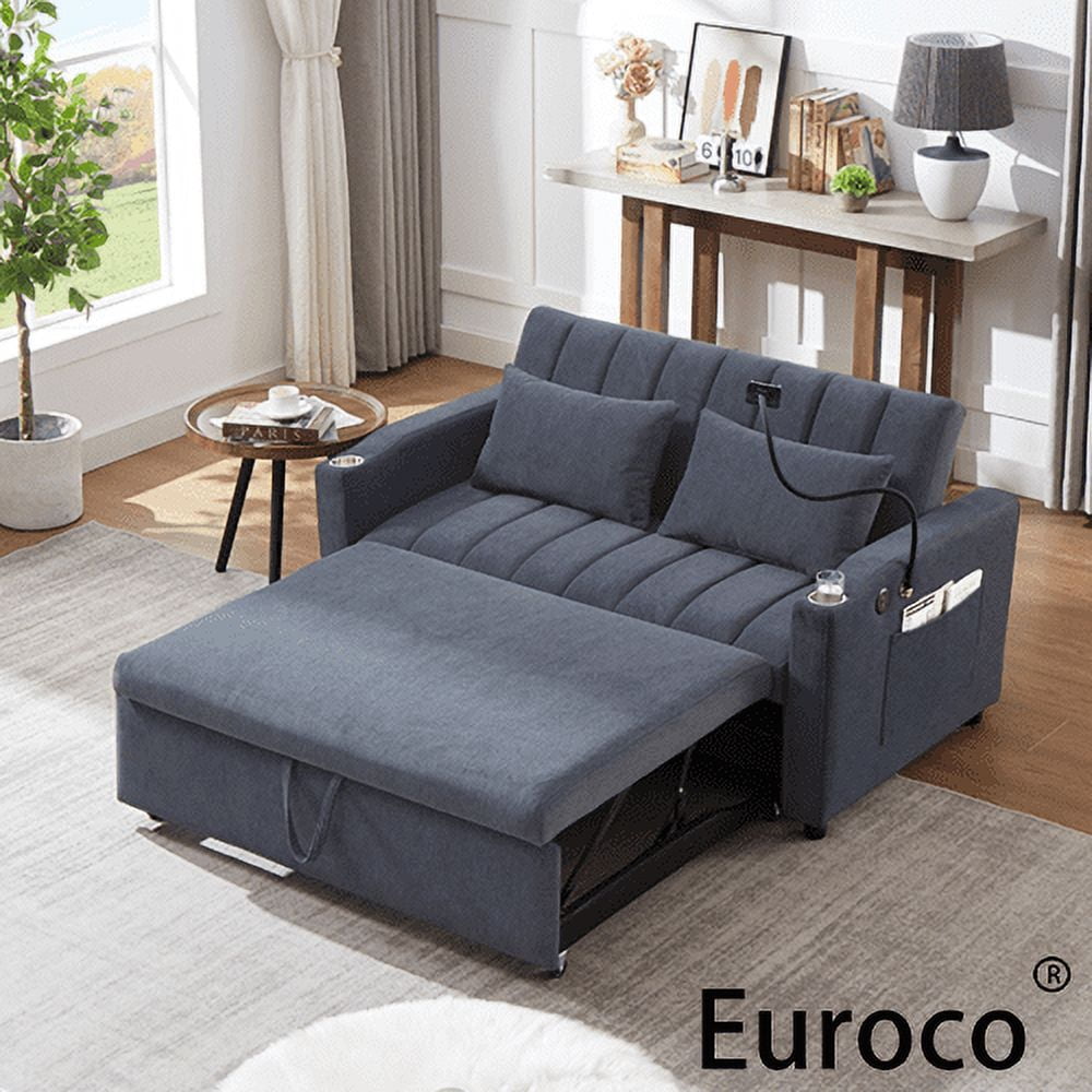 EUROCO 1100LBS Queen Pull Out Sofa Bed, 55.9" Convertible Sleeper Loveseat with 3 USB Ports, 2 Side Pockets,2 Cup Holders and 360°Swivel Phone Holder,Modern Loveseat Sofa for Living Room
