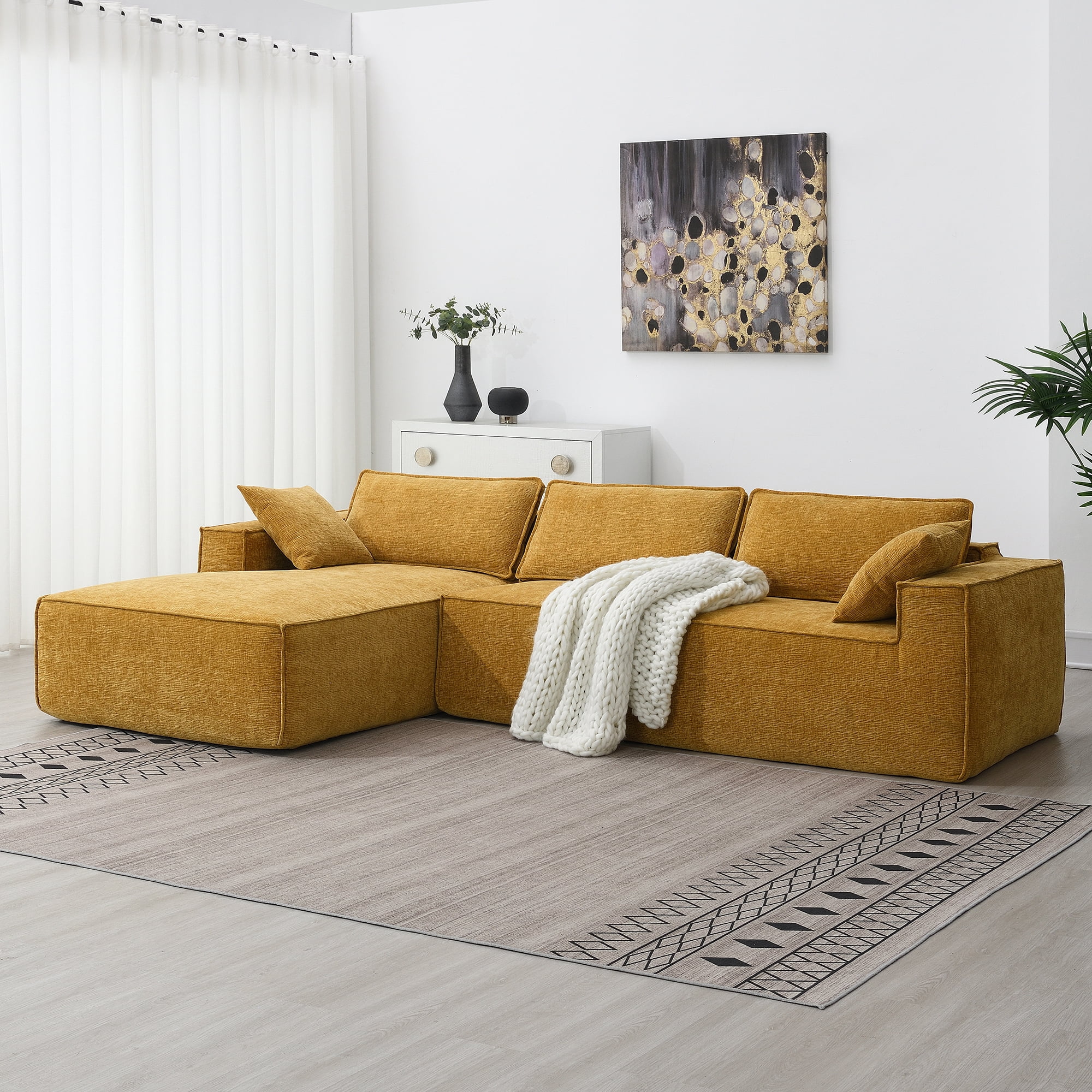 EUROCO 111.5" Minimalist Style L-Shaped Modular Sectional Sofa Couch, Wrinkle-resistant Chenille Sleeper Sofa Bed with All-Sponge Construction, 2 PIC Free Combination No Assembly Require, Yellow