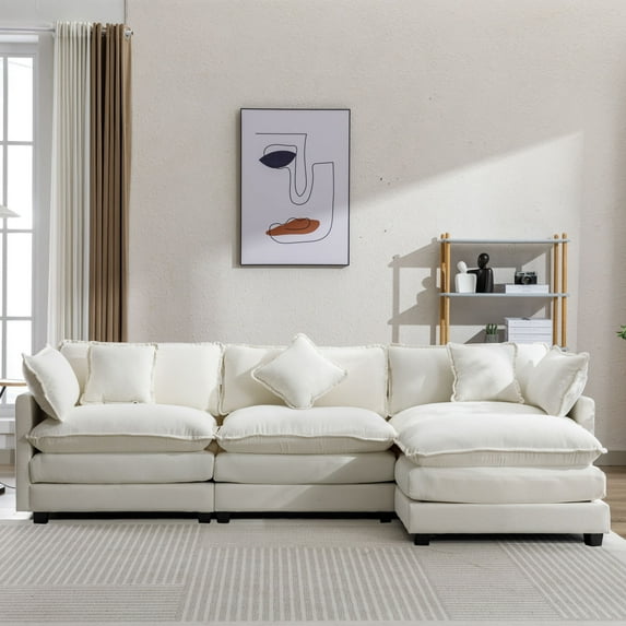 EUROCO 112.2" Modern L-Shape Sectional Sofa Couch, Chenille Upholstered Sofa with Ottoman and 5 Pillows, Indoor furniture for Living Room, Beige