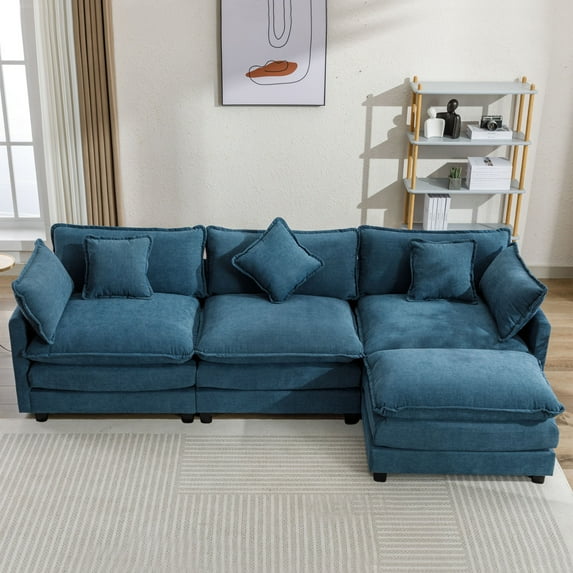 EUROCO 112.2" Modern L-Shape Sectional Sofa Couch, Chenille Upholstered Sofa with Ottoman and 5 Pillows, Indoor furniture for Living Room, Blue