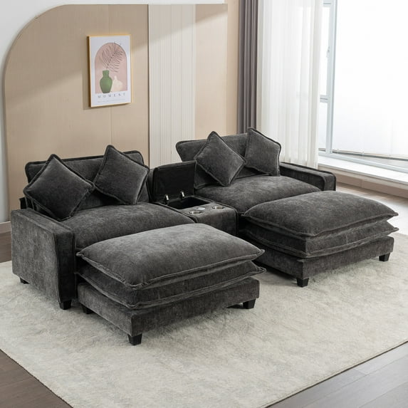 EUROCO 112.6" Sectional Sofa Couch, Chenille Upholstered Sofa with 2 Removable Ottoman, 2 USB Ports, 4 Pillows, 2 Cup Holders, Double Cushion Design and Large Storage Box for Living Room, Black