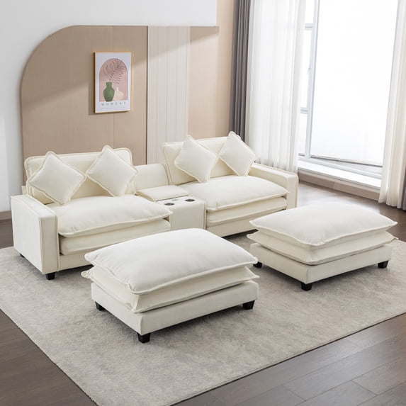 EUROCO 112.6" Sectional Sofa Couch, Chenille Upholstered Sofa with 2 Removable Ottoman, 2 USB Ports, 4 Pillows, 2 Cup Holders, Double Cushion Design and Large Storage Box for Living Room, Beige