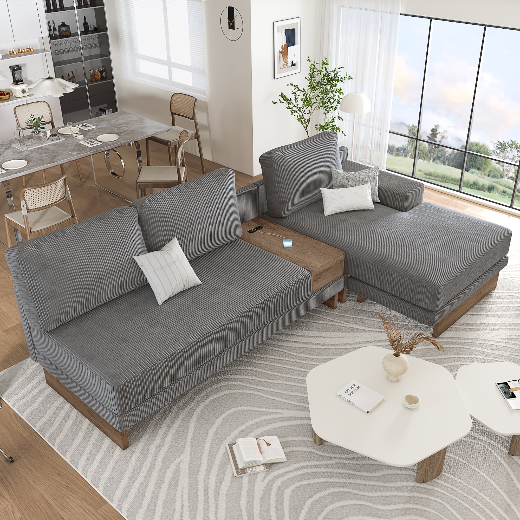 EUROCO 114" L-shaped Sectional Sofa Couch, Corduroy Sofa with 2 USB Ports, 2 Power Sockets, a Storage Drawer and a Reversible Chaise Lounge, Grey