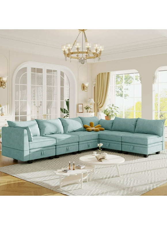 EUROCO 115.1" Oversized Modern U-Shape Modular Sectional Sofa with Storage,6-Seat Convertible Sofa Bed with Reversible Chaise,Light Green