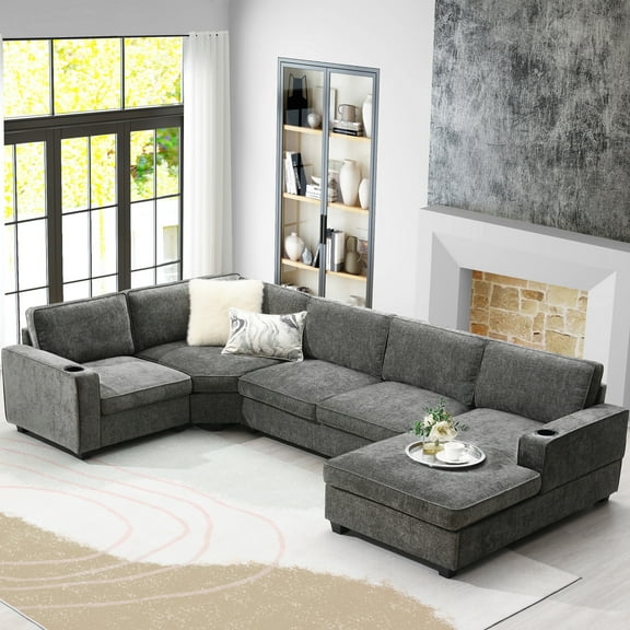 EUROCO 119"6-Seat Oversized U Shaped Sectional Sofa, Chenille Thickened Sectional Couch Sofa Set with Solid Wood Legs and 2 Cup Holders for Living Room,Gray