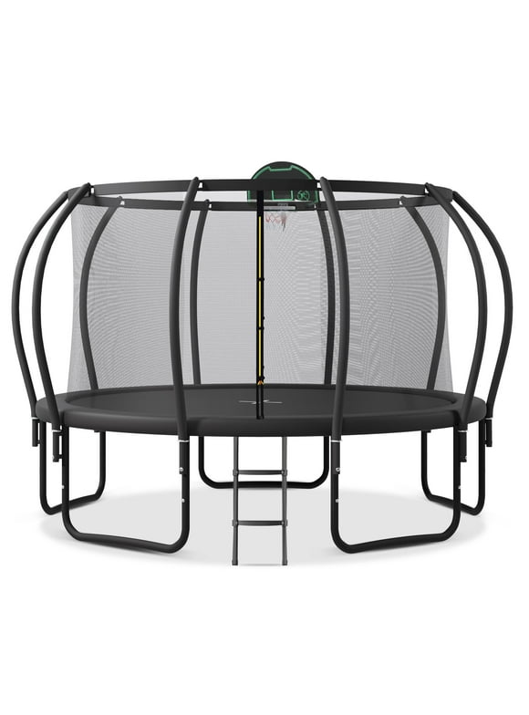 EUROCO 1200LBS 12FT Trampoline for Adults and Kids, Trampoline with Enclosure,Basketball Hoop,Ladder Recreational Trampoline, Outdoor Heavy Duty Round Trampoline Capacity for 5-6 Kids