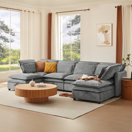 EUROCO 124.4" 6-Seat Sectional Sofa,U Shaped Reversible Modular Sofa Bed with Storage Function,Large Convertible Sectional Sofa Couch for Living Rooms, Offices, and Apartments,Grey