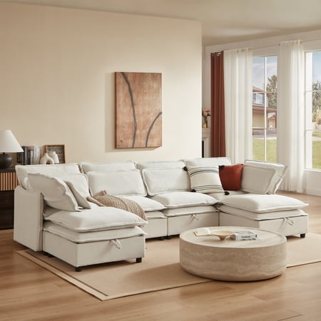 EUROCO 124.4" 6-Seat Sectional Sofa,U Shaped Reversible Modular Sofa Bed with Storage Function,Large Convertible Sectional Sofa Couch for Living Rooms, Offices, and Apartments,Beige
