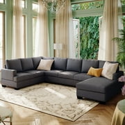 EUROCO 125.6" Large Upholstered Sectional Sofa for 6 seats, U-Shape Sofa Couch with Extra Wide Chaise Lounge and Birch Wood Legs for Living Room, Grey