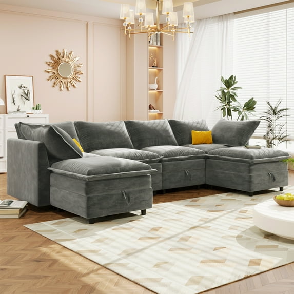 EUROCO 126" Oversized Modern U-Shape Modular Sectional Sofa with Storage, 6-Seat Convertible Sofa Bed with Faux Double-Layer Cushions and 2 Stools,Grey