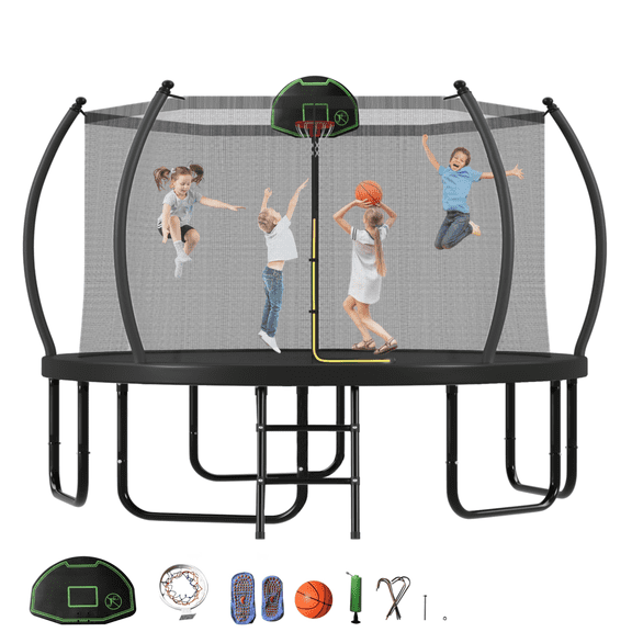 EUROCO 12FT 14FT 1500LBS Weight Capacity Trampoline for Kids and Adults with Basketball Hoop and Ladder, 12 ft Outdoor Trampoline for Backyard