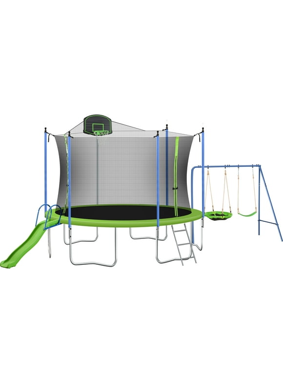 EUROCO 12FT Trampoline Set with Swing, Slide and Basketball Hoop, Recreational Trampoline with Enclosure Net and Ladder, Reinforced Sports Fitness Trampolines for Kids Adults, Green