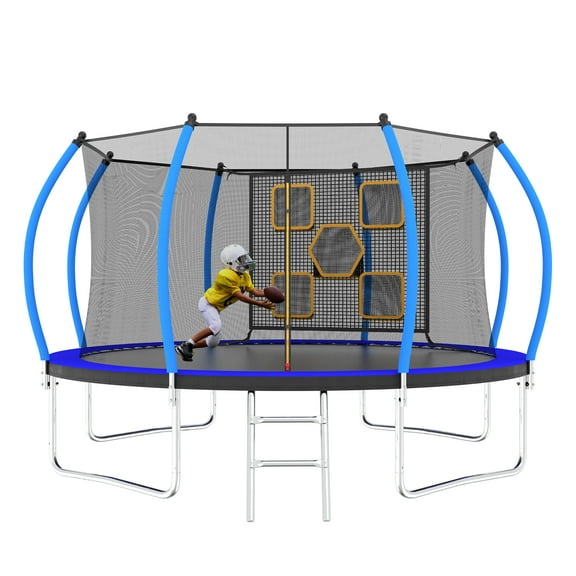 EUROCO 12FT Trampoline with Enclosure Net and Ladder, Outdoor Trampoline with Throwing Game for Kids and Adults