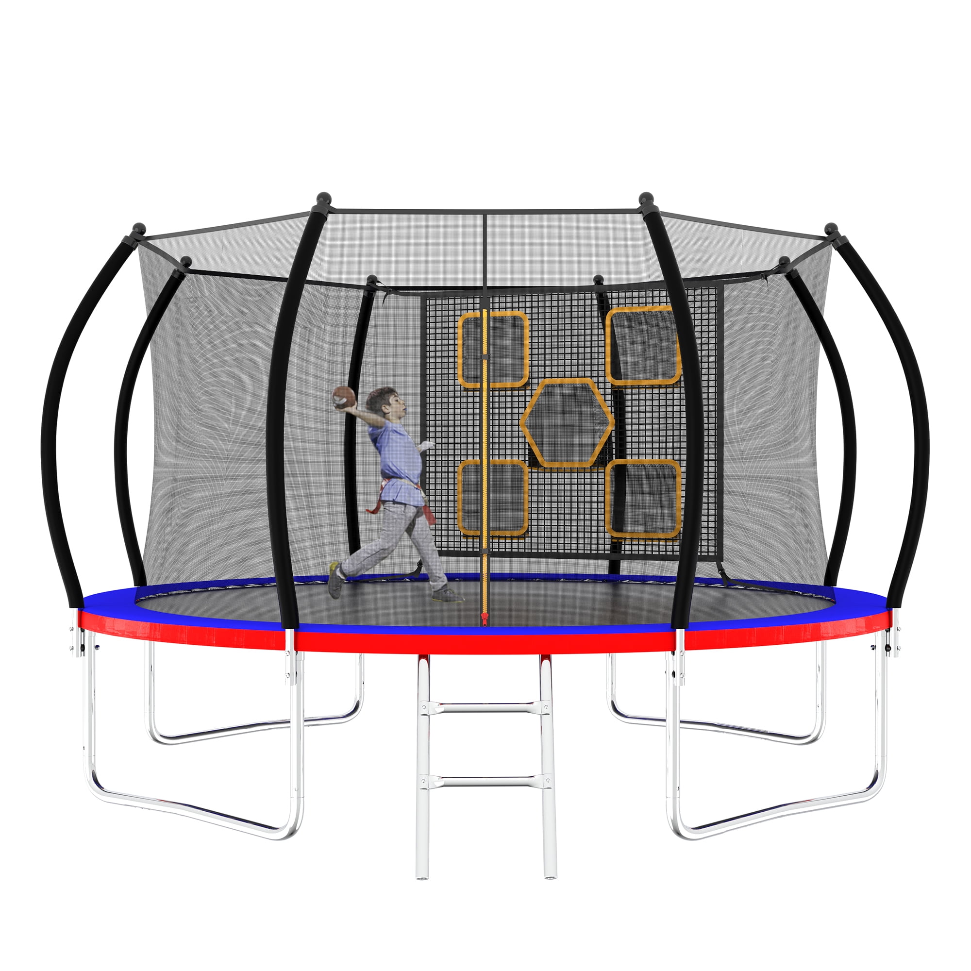 EUROCO 12FT Trampoline with Enclosure Net and Ladder, Outdoor Trampoline with Throwing Game for Kids and Adults