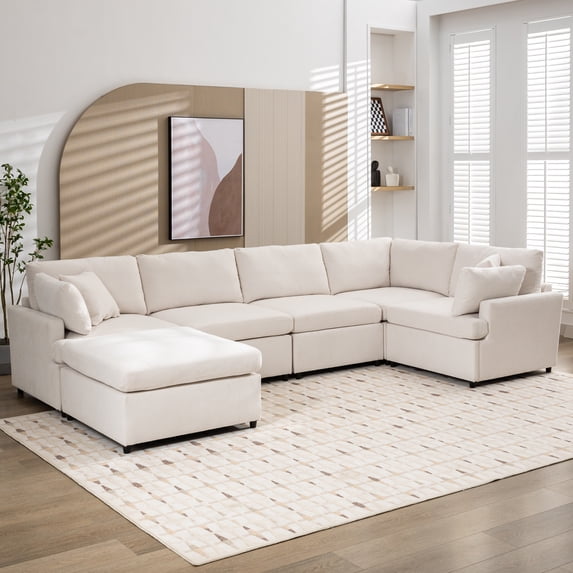 EUROCO 1300LBS 100.4" Modern Large U-Shape Sectional Sofa Couch, 6-Seater Polyester Sofa with Removable Ottomans for Living Room, Beige