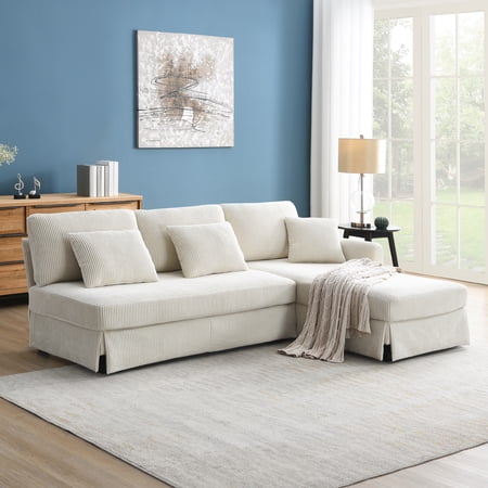 EUROCO 1300LBS 87" Modern L-shaped Sectional Sofa Couch, 4 Seat Corduroy Couch with Reversible Chaise and Pillows, Upholstered Convertible Sleeper Couch for Living Room, Apartment, Office, Beige