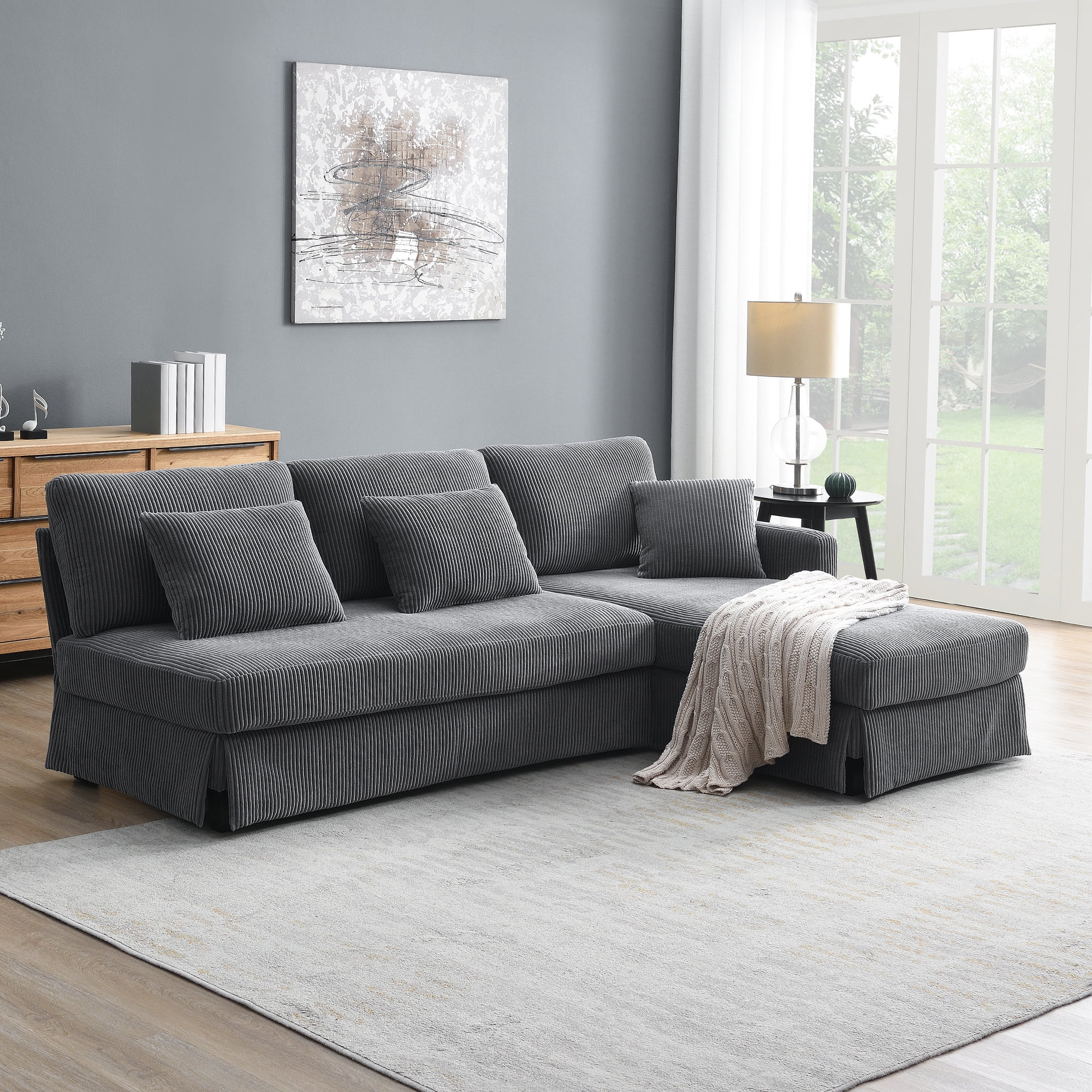 EUROCO 1300LBS 87" Modern L-shaped Sectional Sofa Couch, 4 Seat Corduroy Couch with Reversible Chaise and Pillows, Upholstered Convertible Sleeper Couch for Living Room, Apartment, Office, Gray