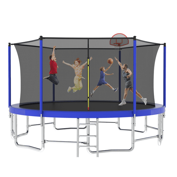 EUROCO 1320LBS 16ft Trampoline with Basketball Hoop, Outdoor Trampoline with Enclosure Net, Ladder and Balance Bar
