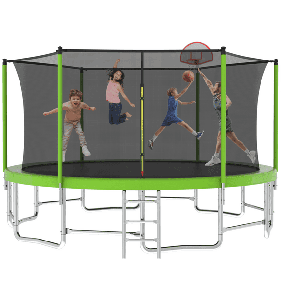 EUROCO 1320LBS 16ft Trampoline with Basketball Hoop, Outdoor Trampoline with Enclosure Net, Ladder and Balance Bar