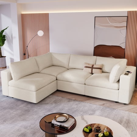 EUROCO 133.9" Larger Upholstered Modular Sofa with USB Charge Ports,Sectional Sofa with Storage,Wireless Charging and Built-in Bluetooth Speaker in Arm,4-Seater Sofa for Living Room,Beige