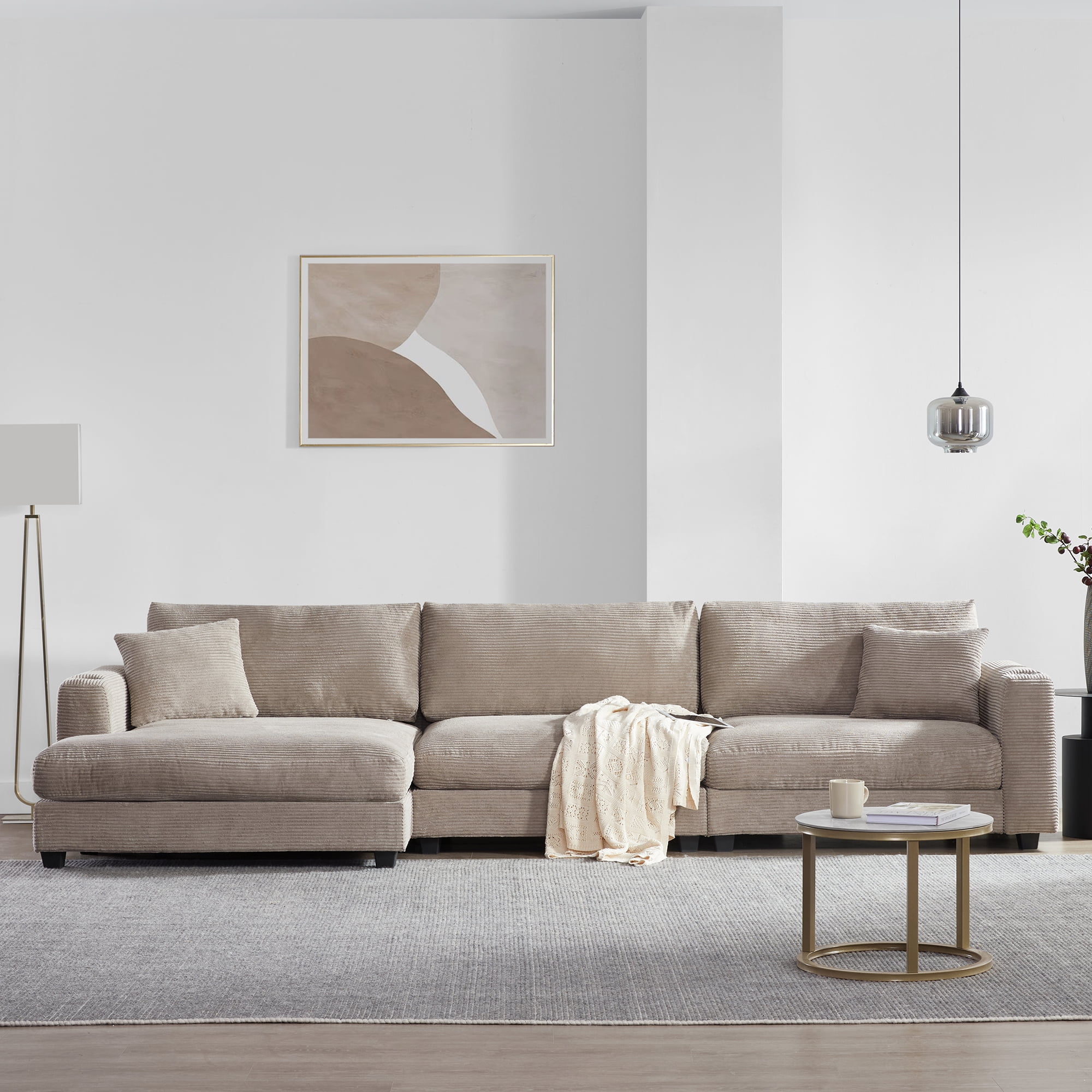 EUROCO 134" Oversized L Shaped Sectional Sofa Couch, 4 Seat Corduroy Deep Seat Sofa Bed with USB Charging Port, Cup Holder and 50" Chaise, Comfy Indoor Furniture for Living Room, khaki
