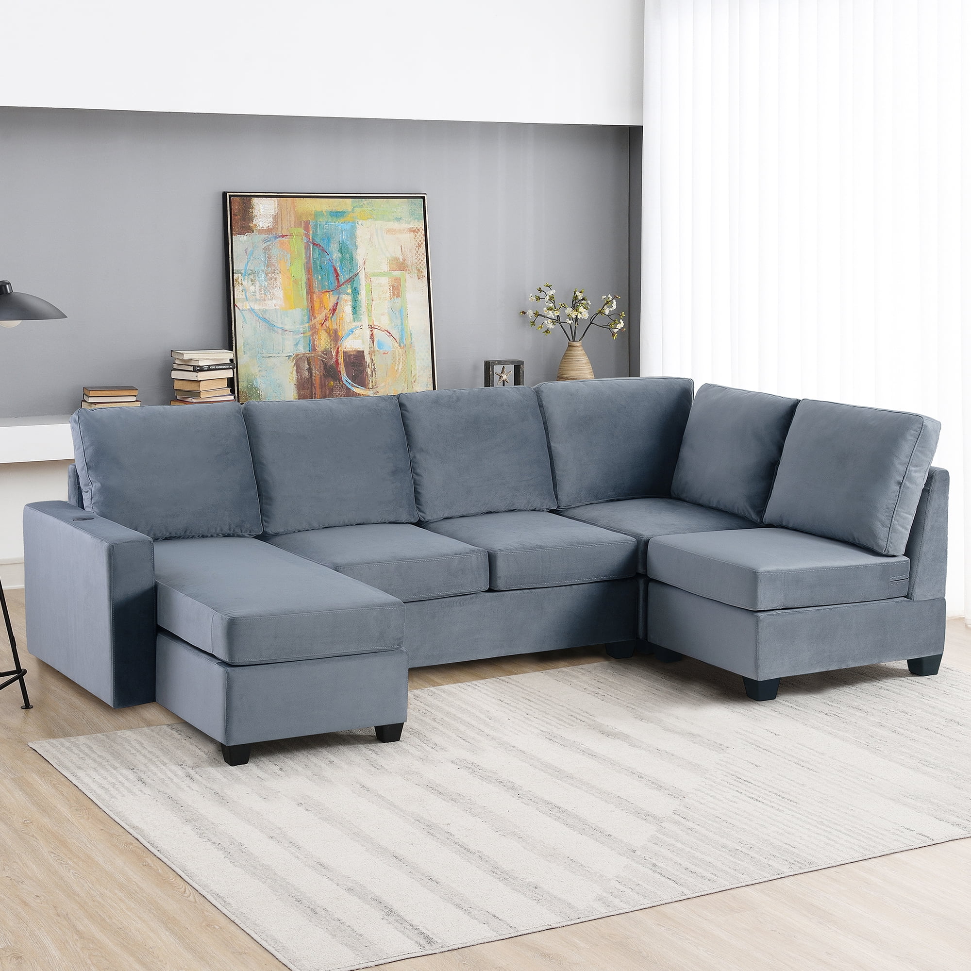 EUROCO 138" Longer Modular Couches and Sofas,5seat Velvet Fabric