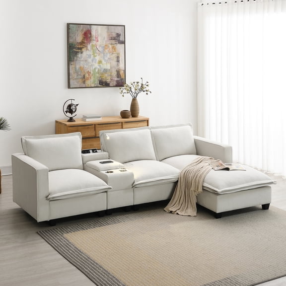 EUROCO 109" Modern Sectional Cloud Sofa, 4 Seat Chenille Modular Couch with Console, USB Charging Port, Reading Light, Cup Holder, Storable Indoor Funiture with Convertible Ottoman, Beige