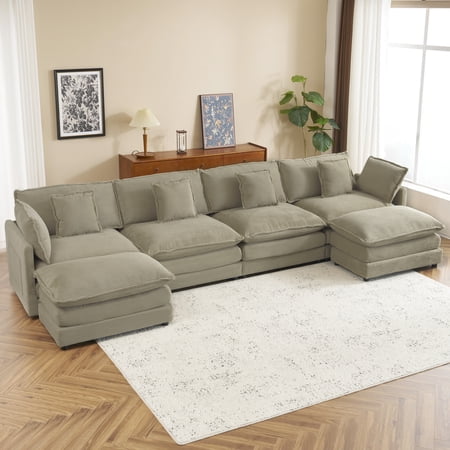 EUROCO 149.6" Oversized Modular Sectional Sofa,L Shaped Sectional Couch with Ottomans,Stylish Pillows,Side Storage Pockets and Deep Seat,6 Seat Convertible Modular Sofa Couch for Living Room,Brown