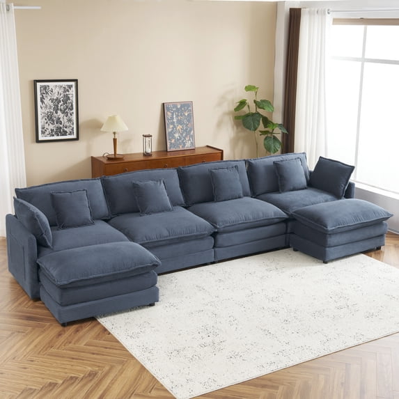EUROCO 149.6" Oversized Modular Sectional Sofa,L Shaped Sectional Couch with Ottomans,Stylish Pillows,Side Storage Pockets and Deep Seat,6 Seat Convertible Modular Sofa Couch for Living Room,Blue