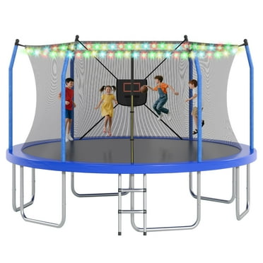 EUROCO 14FT Trampoline for Kids and Adults with Lights, Basketball Hoop, Enclosure Net & Ladder, Outdoor Round Trampoline, Easy to Assemble