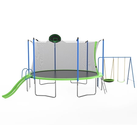EUROCO 14FT Trampoline for Kids with Safety Enclosure Net, Basketball Hoop and Ladder, Easy Assembly Round Outdoor Recreational Trampoline