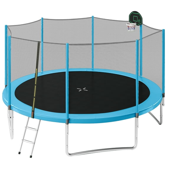 EUROCO 14FT Trampoline with Enclosure Net for Kids and Adults, Recreational Trampolines with Ladder & Baketball