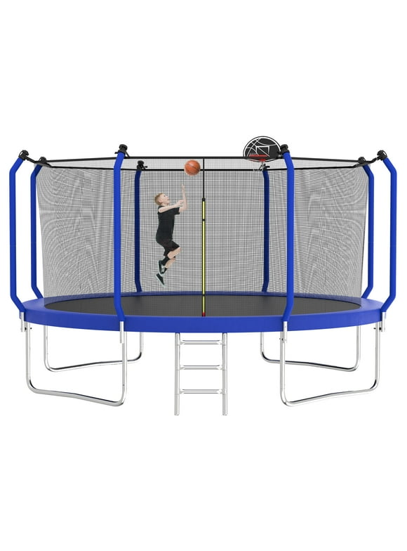 EUROCO 1500LBS 14FT Trampoline for Adults and Kids, Trampoline with Enclosure ,Ladder,Basketball Hoop,Ball,Heavy Duty Recreational Trampoline Capacity for 6-7 Kids