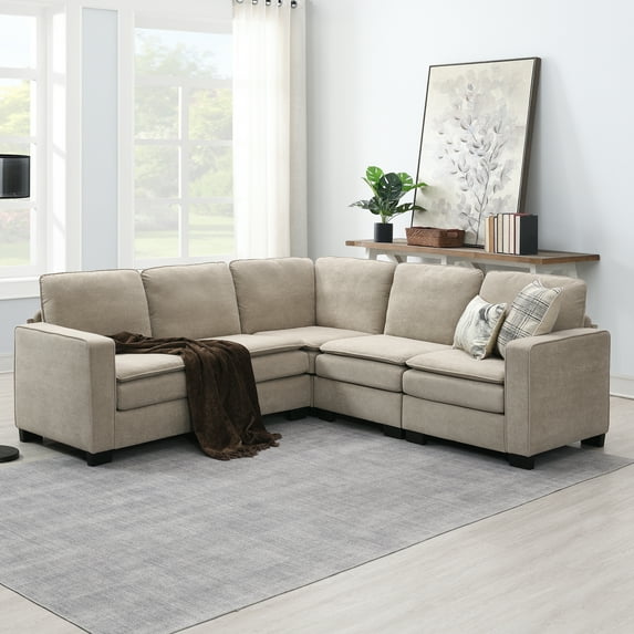 EUROCO 1500lbs 89" Modern Oversized L-shaped Sectional Sofa, 5 Seat Velvet Cloud Corner Couch with Double Seat Cushions, Upholstered Indoor Furniture for Living Room, Apartment, Office, khaki