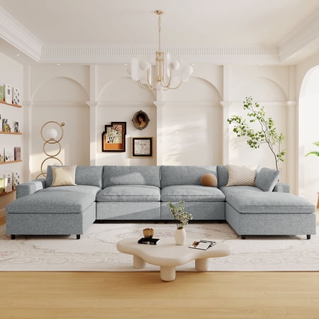 EUROCO 152.8" Oversized Sectional Sofa for 6 seats Down Filled Upholstered Sofa Couch with Seattle interior,Feather+PP cotton, 2 movable footrests, Solid wood Frame for Living Room, Apartment