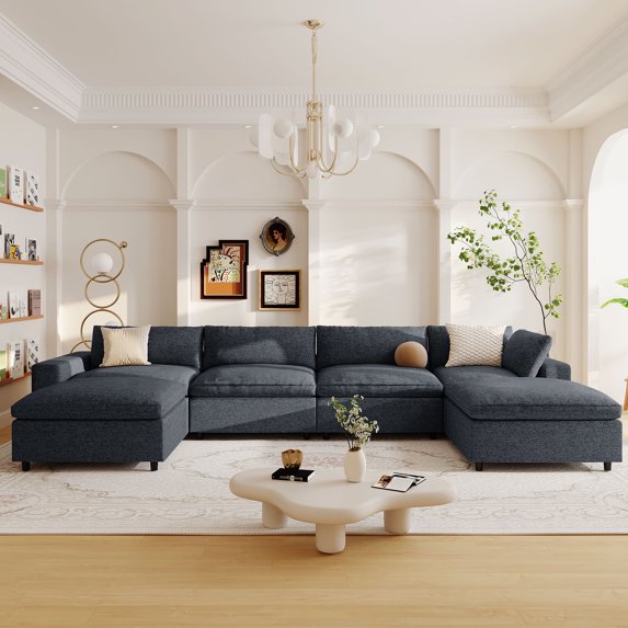 EUROCO 152.8" Oversized Sectional Sofa for 6 seats Down Filled Upholstered Sofa Couch with Seattle interior,Feather+PP cotton, 2 movable footrests, Solid wood Frame for Living Room, Apartment