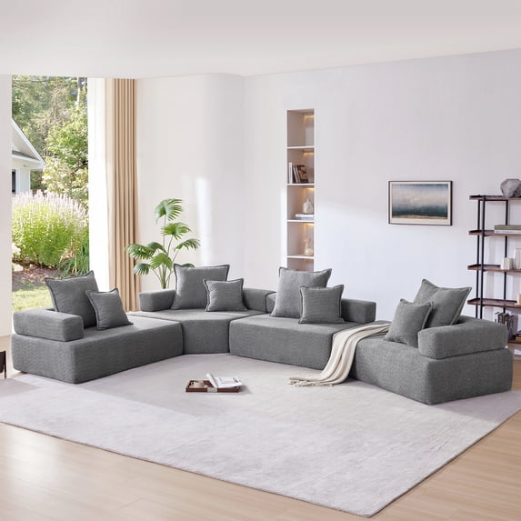 EUROCO 156" Oversized Modular U Shaped Sectional Sofa Couch, Boucle 4 PC Free Combination Floor Sleeper Couch Set, Spacious Foam-Filled Convertible Sofa Bed for Living Room, Gray