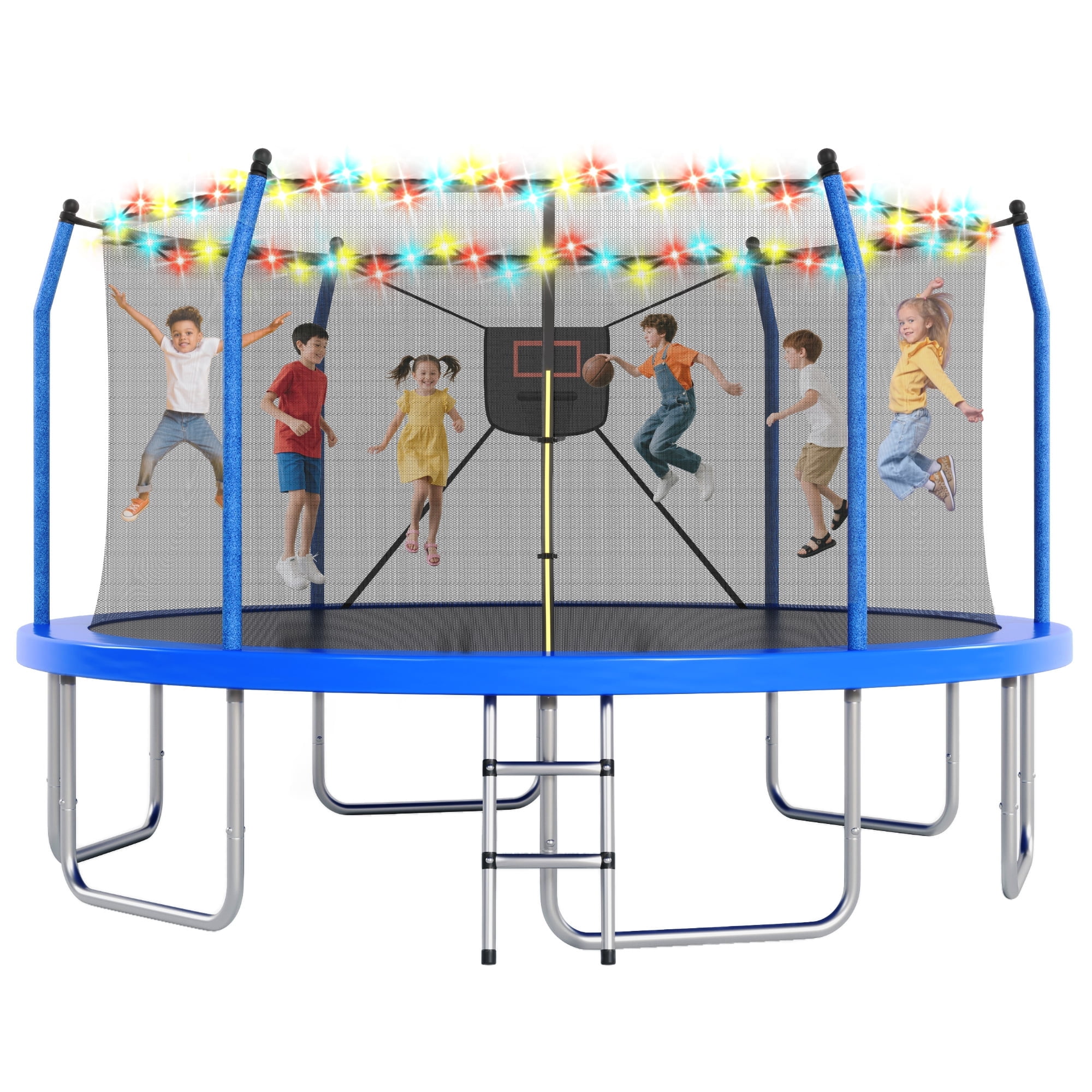 EUROCO 16FT Trampoline for Kids and Adults with Lights, Basketball Hoop, Enclosure Net & Ladder, Outdoor Round Trampoline, Easy to Assemble