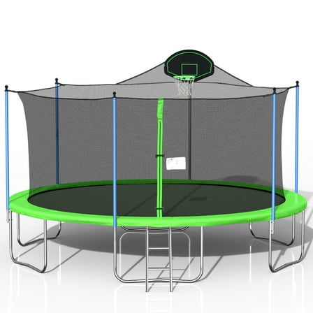 EUROCO 16FT Trampoline for Kids with Safety Enclosure Net, Basketball Hoop and Ladder, Easy Assembly Round Outdoor Recreational Trampoline