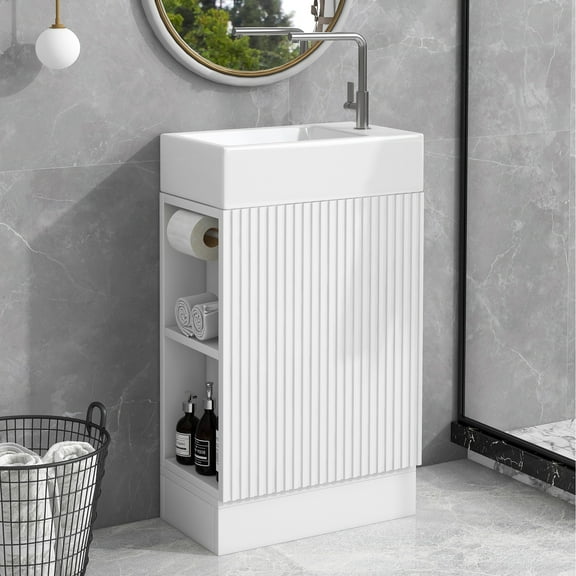 EUROCO 18.6" Bathroom Vanity with Sink, Bathroom Vanity Cabinet with 2-tier Shelf, Left or Right Orientation, White