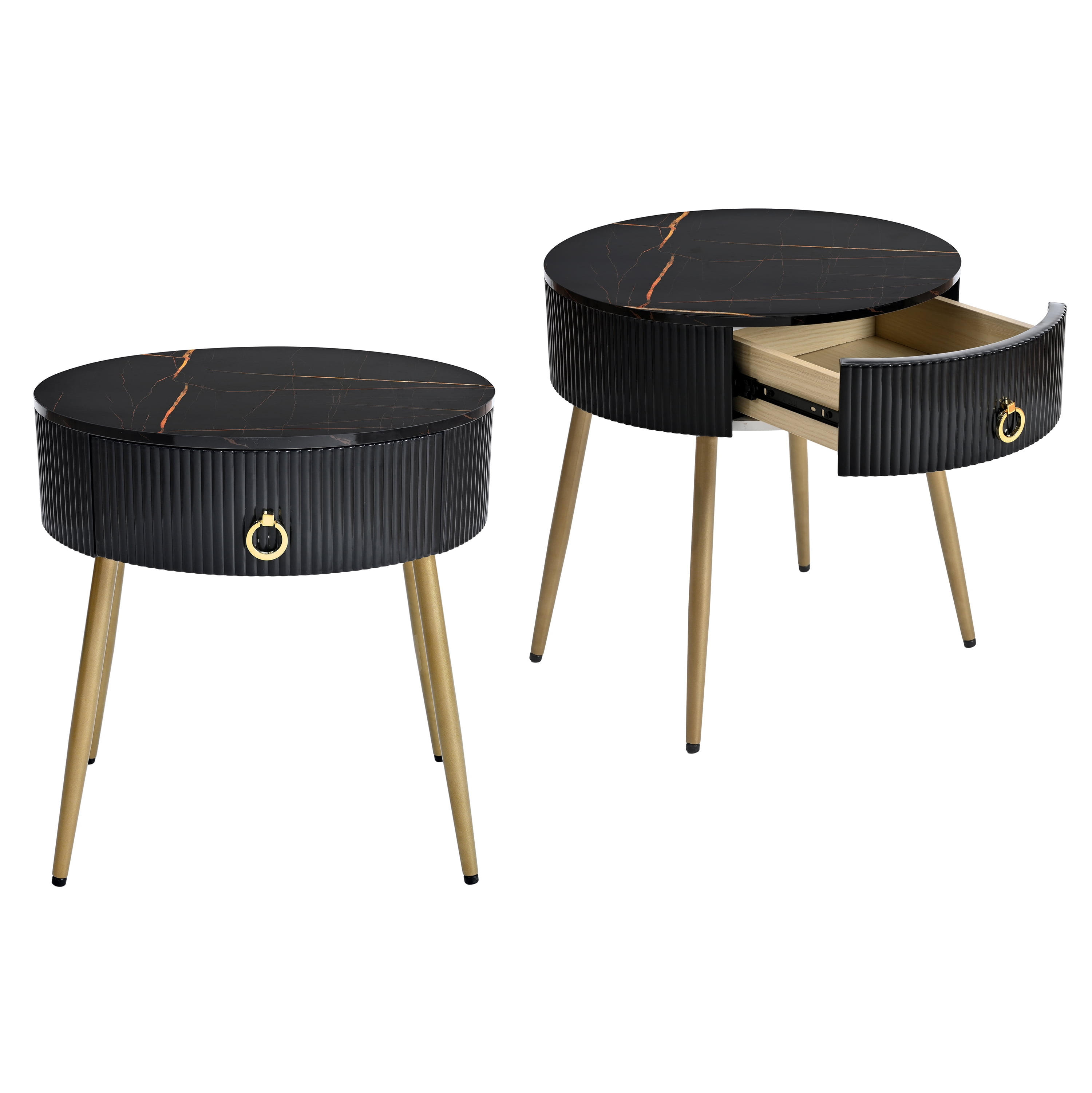 EUROCO 2-Piece 19.6" Round Coffee Table Set, End Tables with High Gloss Faux Marble Tabletops,Modern Fluted 2 Side Tables with Drawers and Golden Legs for Living Room, Black