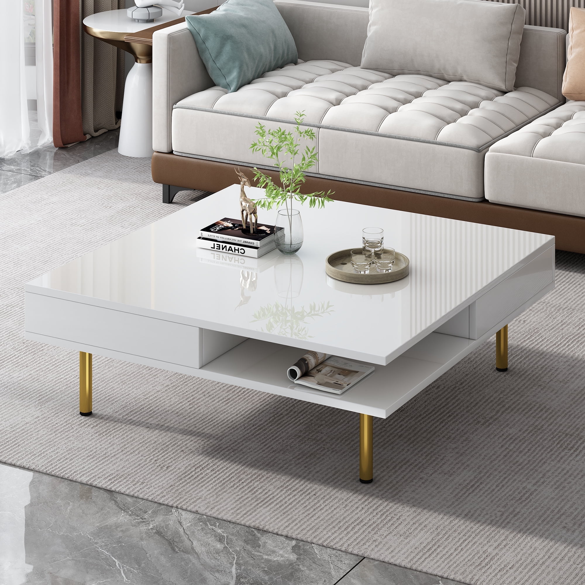 EUROCO 2-Tier Coffee Table High Gloss Square Center Table with 4 Golden ...