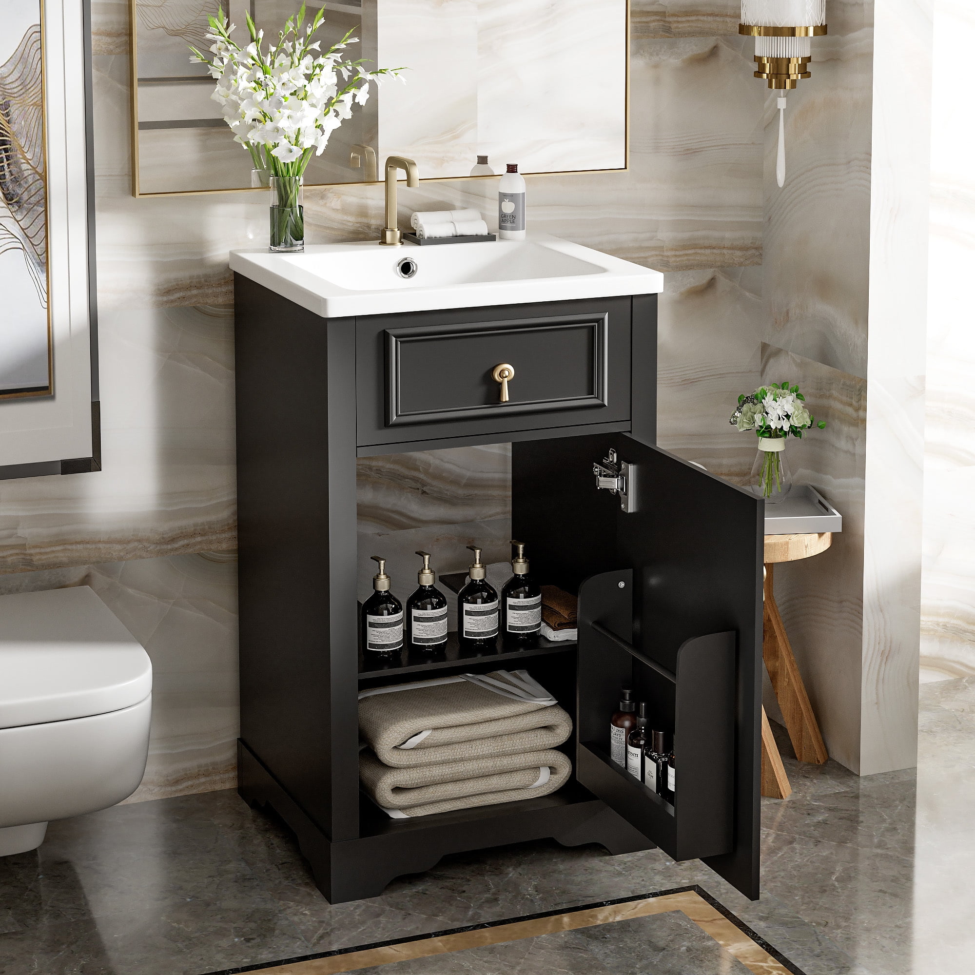EUROCO 20" Bathroom Vanity with Ceramic Sink,Solid Wood Bathroom Makeup Cabinet with Soft Close Door,Adjustable Shelf, Drawer and Door-Mounted Storage Rack,Black