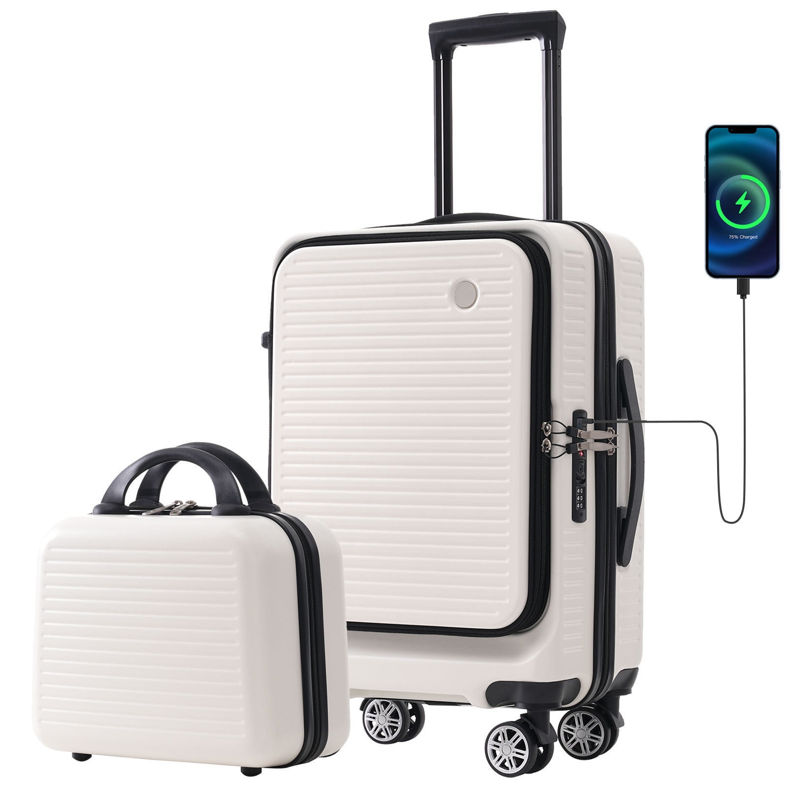 EUROCO 20" Carry On Luggage Airline Approved, Front Open Suitcase with 1 Portable Carrying Case and USB Port,White