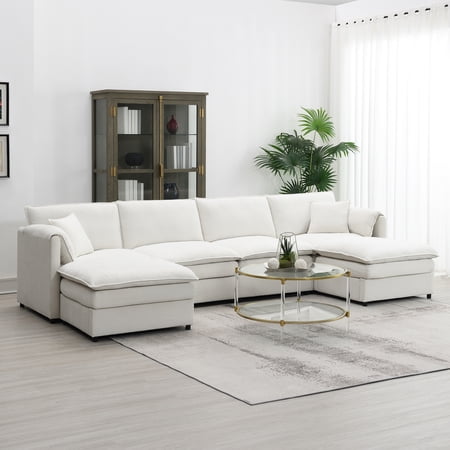EUROCO 134" Oversized U Shaped Modular Sectional Sofa Couch, 6 Seat Chenille Sleeper Sofa Bed Cloud Couch Set with Double Cushions and Ottomans, Indoor Furniture for Living Room, Cream