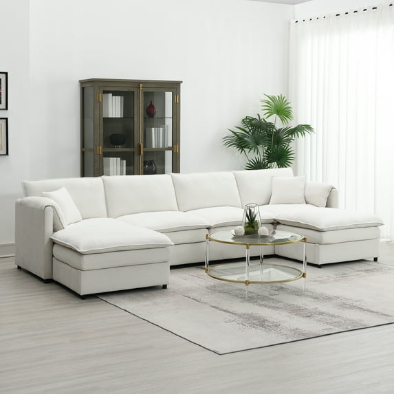EUROCO 134" Oversized U Shaped Modular Sectional Sofa Couch, 6 Seat Chenille Sleeper Sofa Bed Cloud Couch Set with Double Cushions and Ottomans, Indoor Furniture for Living Room, Cream